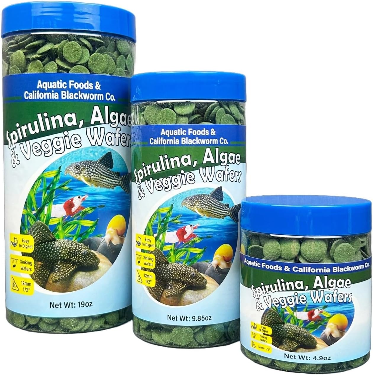Aquatic Foods Inc. 12mm - 1/2" Small Sinking Wafers of Spirulina, Algae & Veggies for Plecos, Catfish, Shrimp, Snails, Crayfish, 12-Type Pellet Mix & 4-Type Wafer Mix Included 9.85oz Canister