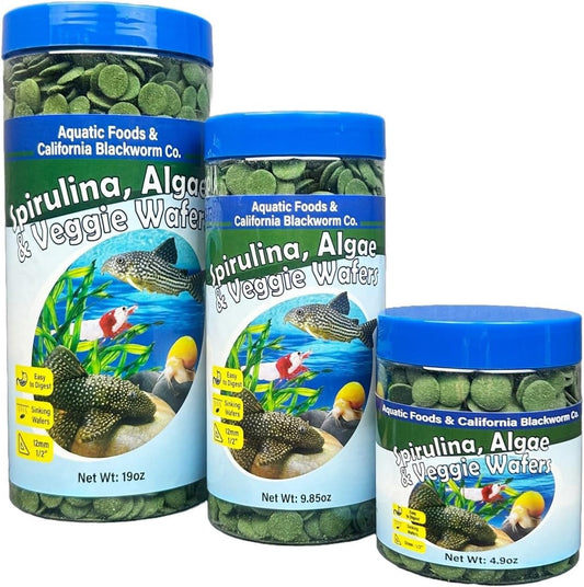 Aquatic Foods Inc. 12mm - 1/2" Small Sinking Wafers of Spirulina, Algae & Veggies for Plecos, Catfish, Shrimp, Snails, Crayfish, 12-Type Pellet Mix & 4-Type Wafer Mix Included 9.85oz Canister