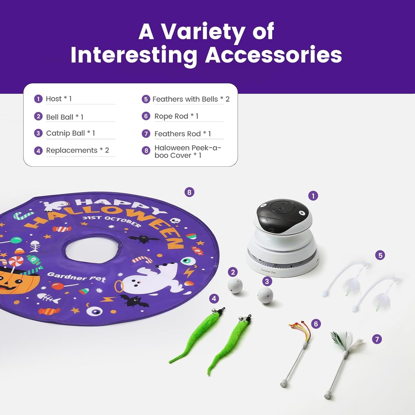 Gardner Pet Halloween Cat Laser Toys, Chargeable 5 in1 Hide and Seek Automatic Interactive Cat Toy, Moving Ambush Feather, Track Balls,Indoor Exercise Kicker 24 inch Cover for All Breeds, Chirping