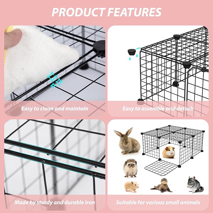 Guinea Pig Cages with Door and Top, 25x25x12inch Small Animal Cage, 12pcs Metal Grid Panels Small Animal Playpen, Expandable Cage for Guinea Pigs, Rabbits, Hamsters and Hedgehogs, Kitten