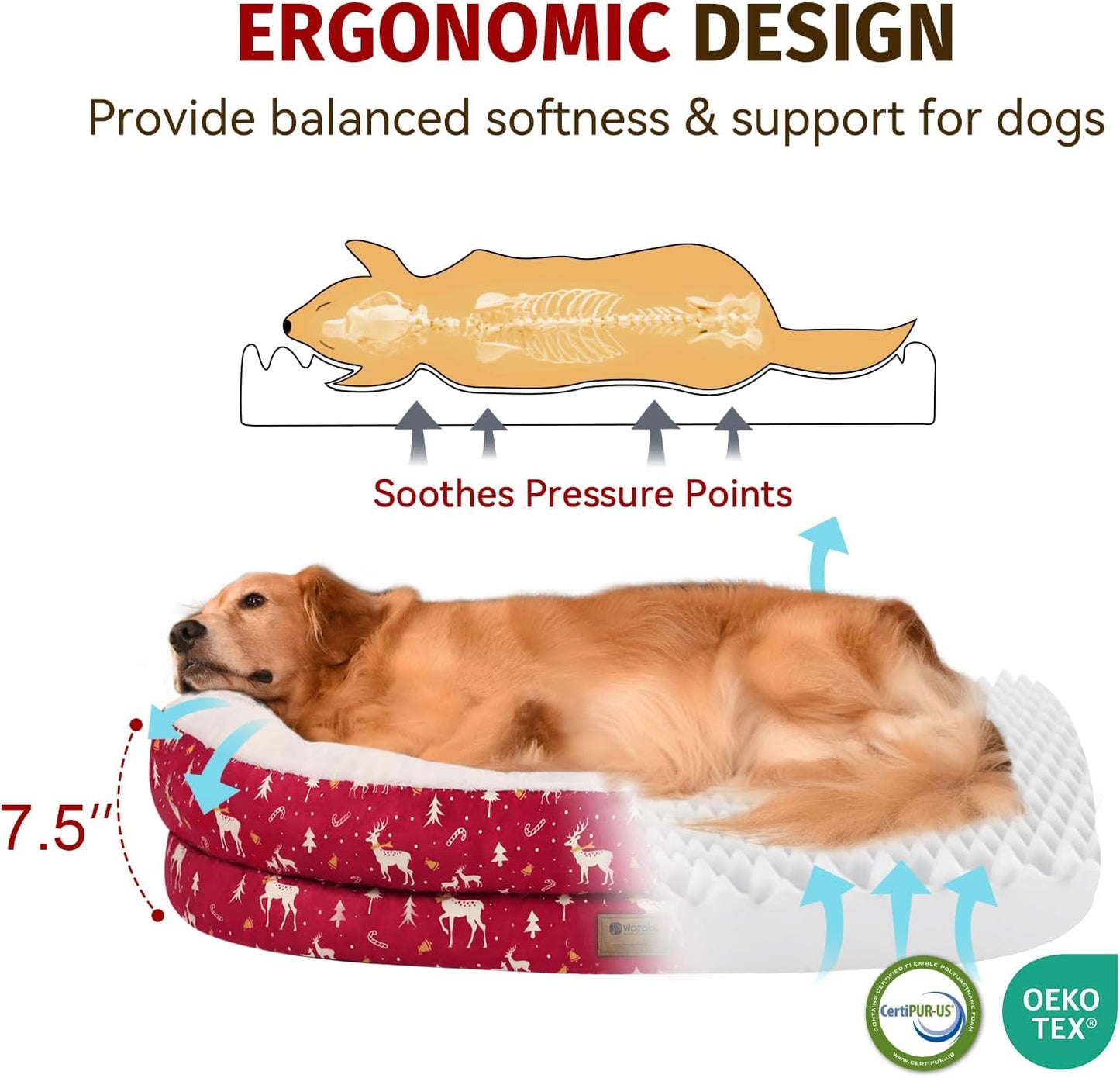 Orthopedic Washable Large Dog Bed: Memory Foam Waterproof Pet Bed with Bolsters - Removable Washable Cover for L XL XXL Large Sized Dog Bed - Non-Slip Bottom - Red