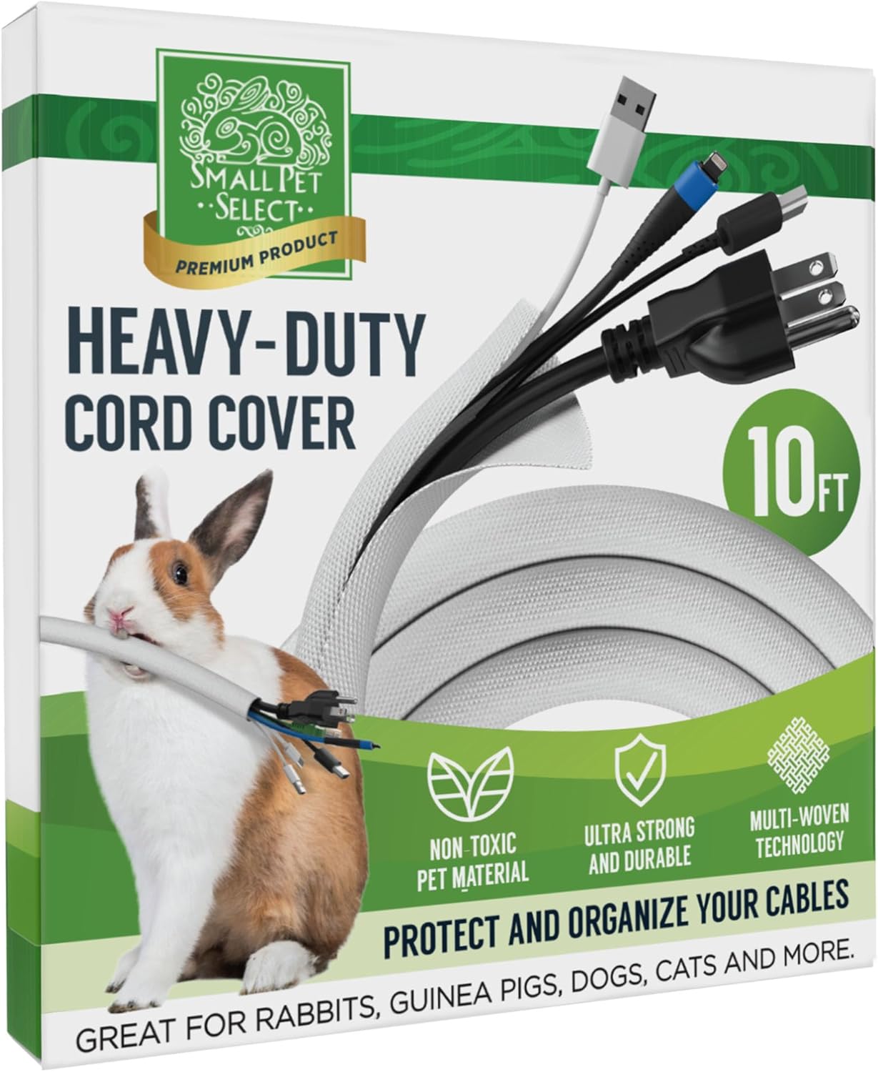 Small Pet Select Heavy Duty Cord Cover - White, 10ft - Ultra Durable Electrical Cable and Wire Protector for Rabbits, Dogs, Cats and Other Pets - Cord Management and Animal Protection