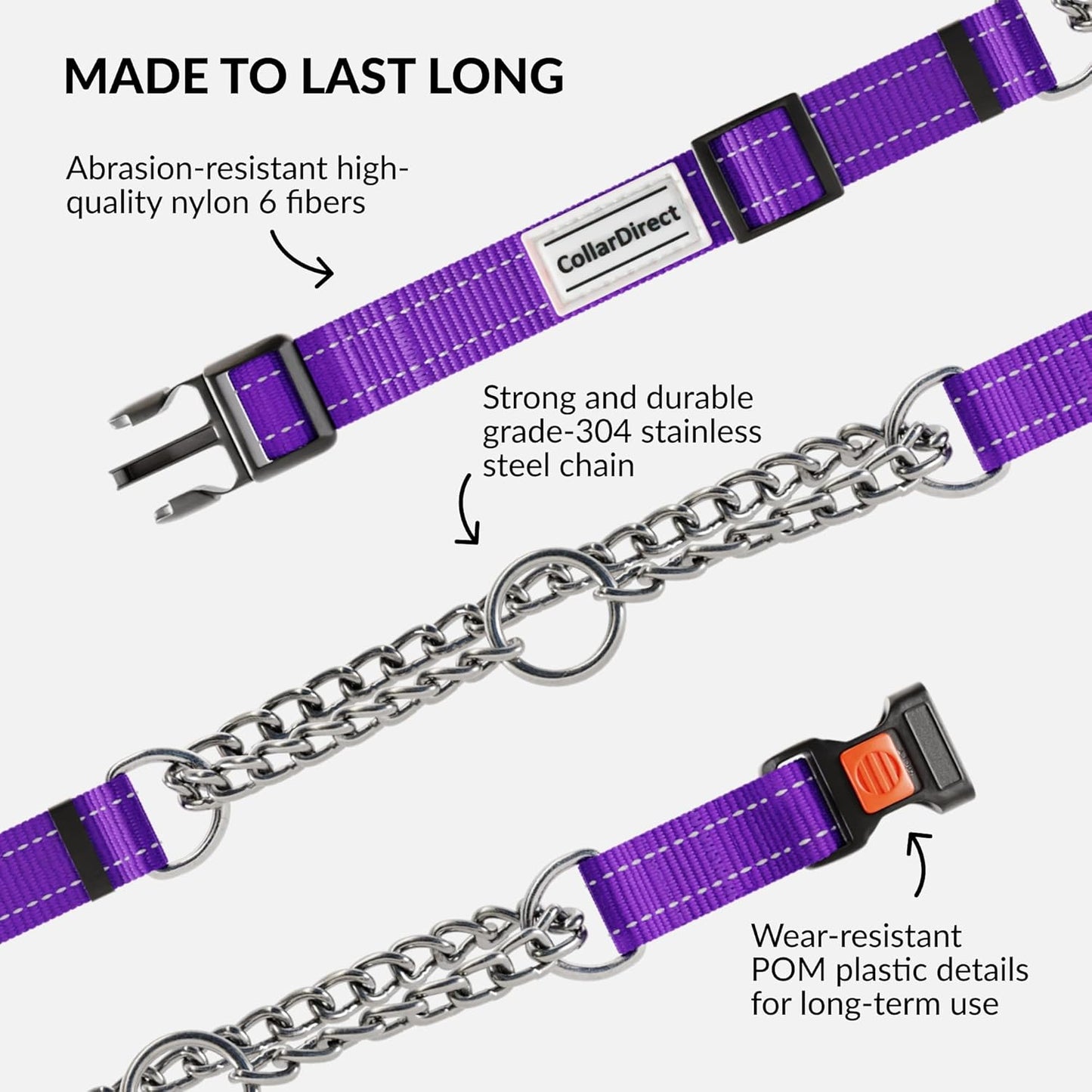CollarDirect Martingale Dog Collar with Stainless Steel Chain and Quick Release Buckle - Reflective Collar for Large, Medium, Small Dogs - Purple, Small (Neck Size 12"-15")