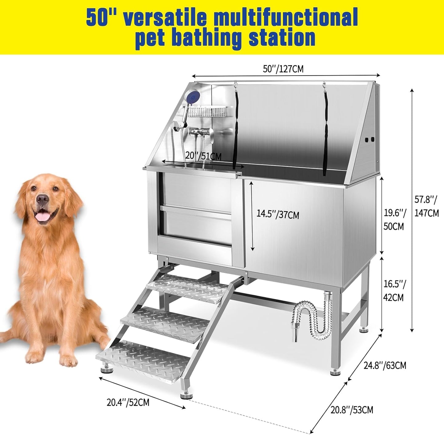 50" Pet Dog Bathing Station w/Ramp, Professional Stainless Steel Cat Grooming Tub w/Soap Box, Faucet,Rich Accessory, Dog Bathtub for Large,Medium,Small Pets, Washing Sink for Home