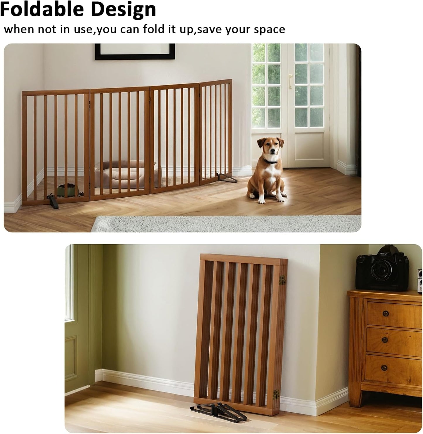 Dog Gate 32" Tall Foldable Dog Gate for Doorways Freestanding Pet Gate for Dogs Indoor (Walnut, 4 Panel)