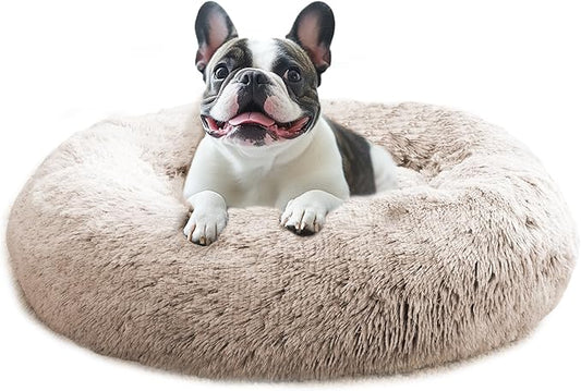 JOLLYVOGUE Calming Dog & Cat Bed for Small Dogs, Anti-Anxiety Donut Cuddler Cozy Soft Round Bed with Anti-Slip Bottom, Fluffy Faux Fur Plush Cushion Beds for Small Medium Dogs (23")