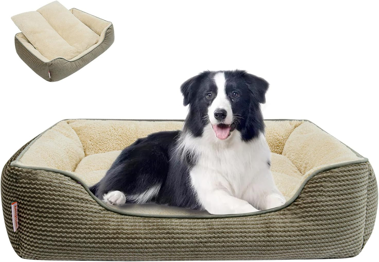 Miguel Dog Bed with Removable Cushion/Pillow for Medium Small Dogs, Washable Pet Bed with Side Easy to Wash Puppy Bed, Large Rectangle Cat Bed for Indoor Cat with Anti-Slip Bottom, Khaki 35 Inch