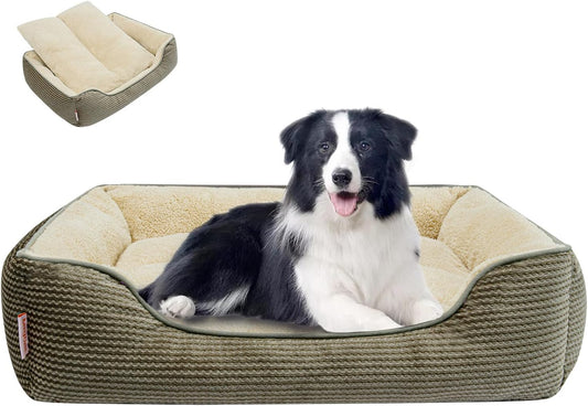 Miguel Dog Bed with Removable Cushion/Pillow for Medium Small Dogs, Washable Pet Bed with Side Easy to Wash Puppy Bed, Large Rectangle Cat Bed for Indoor Cat with Anti-Slip Bottom, Khaki 35 Inch