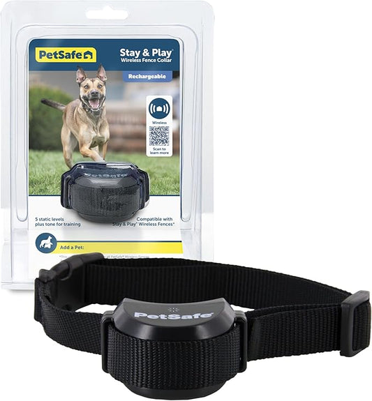 PetSafe Stay & Play Pet Fence Wireless, Dog Fence Collar Rechargeable Receiver Collar, Waterproof Design, Compatible with All PetSafe Wireless Fences, Invisible Wireless System (Black)