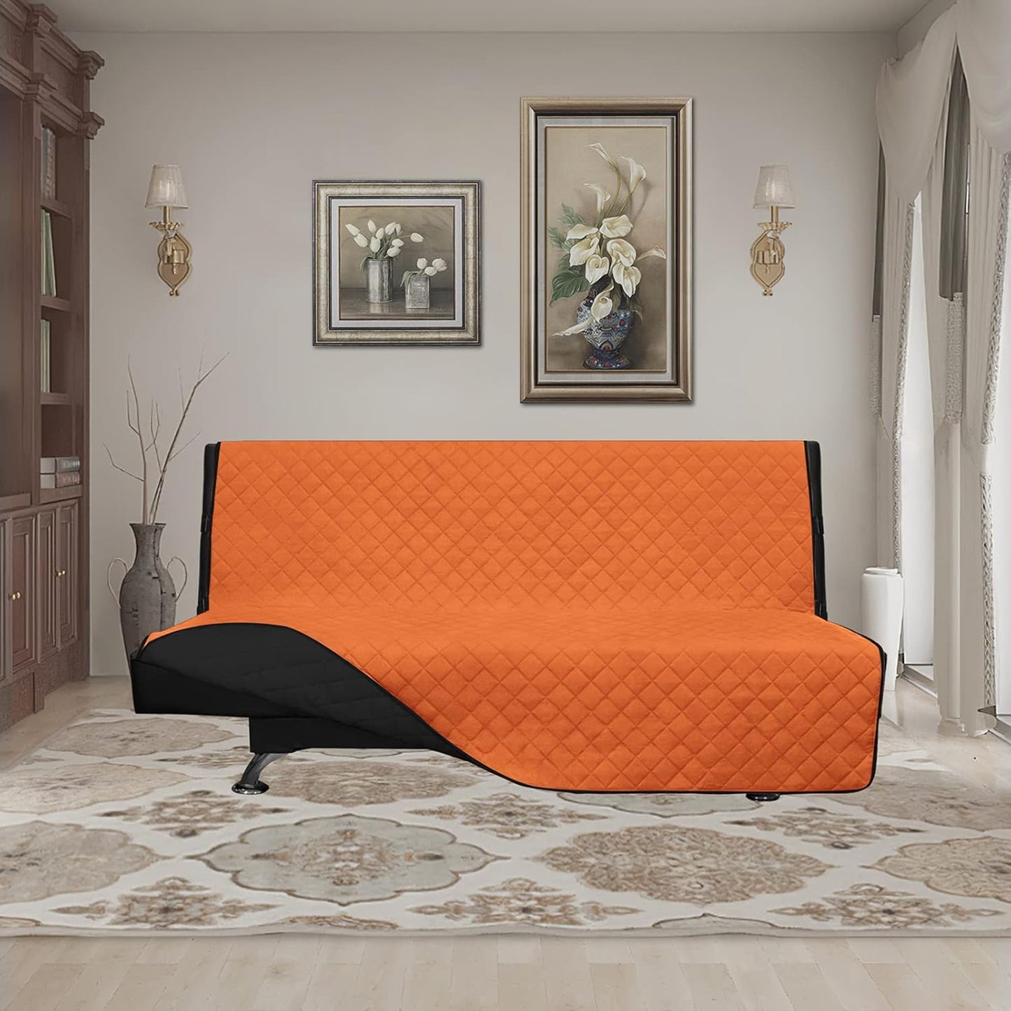Easy-Going Futon Slipcover - Reversible Sofa Cover, Armless, Water Resistant - Protects Furniture from Pets & Kids (Orange/Black)