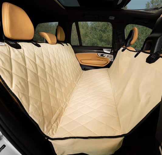 Plush Paws Products Premium Rear Car Seat Protector w/ Hammock | Washable & Waterproof Back Seat Dog Cover for Car, Truck, & SUV | Nonslip, Tear Resistant Pet Seat Cover | Small Tan