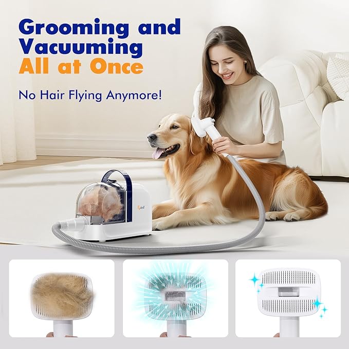 Rywell Dog Grooming Vacuum, 12000Pa Pet Grooming Kit with Clippers&Brushes for Shedding, Trimming&Vacuuming, Pet Grooming Vacuum for Dogs, Pet Grooming Kit, Low Noise, 1.5L