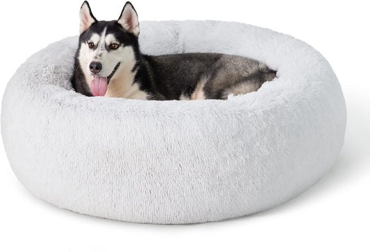 Bedsure Calming Dog Bed for Large Dogs - Donut Washable Large Pet Bed, 36 inches Anti-Slip Round Fluffy Plush Faux Fur Dog Bed, Fits up to 80 lbs Pets, Frost Grey