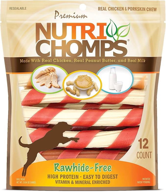 NutriChomps Dog Chews – 6-inch Twists, Easy to Digest, Rawhide-Free Dog Treats, Healthy, 12 Count, Real Chicken, Peanut Butter and Milk flavors