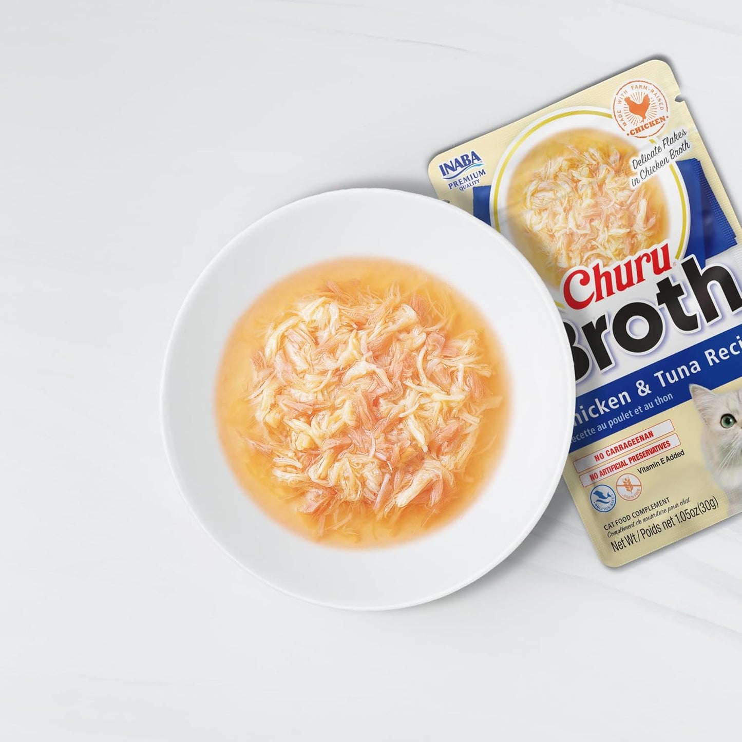INABA Churu Broth for Cats, Creamy Broth with Shredded Chicken Side Dish Pouch, 1 Ounce per Pouch, 15 Pouches, Chicken & Tuna Variety Pack