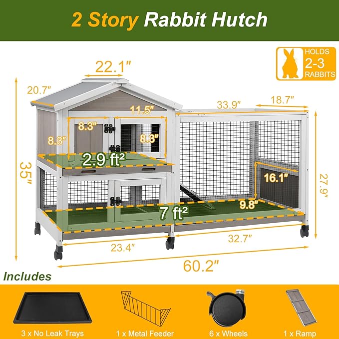 Rabbit Hutch Outdoor Indoor Bunny Hutch with Run 2-Story Large Rabbit Cage on 6 Wheels, 3 Leak Proof Trays, Ramp, Waterproof Roof for Small to Medium Animals, Expandable Design
