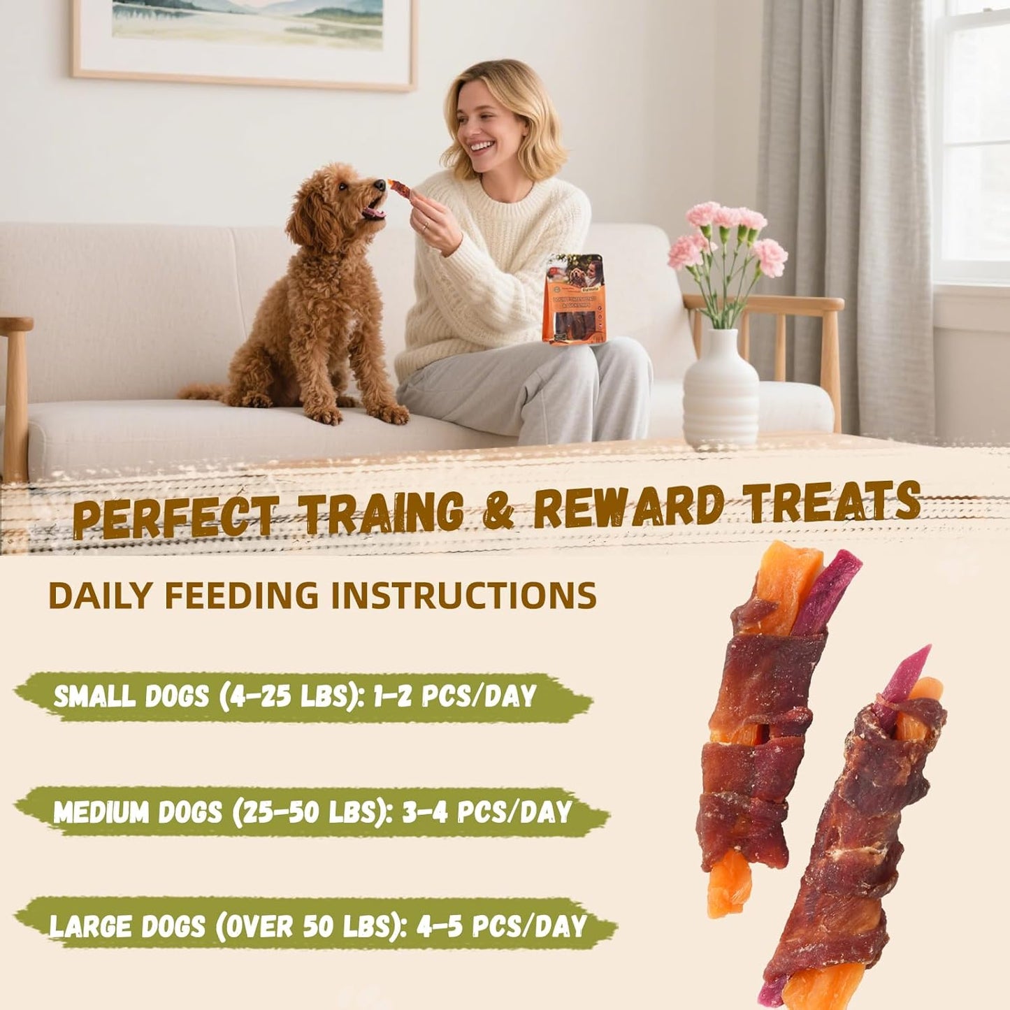 Dog Jerky Treats Duck Wrapped Orange Purple Sweet Potato, Healthy Dog Snacks High Protein Low Fat, Soft Chews Eliminates Tears, Training Rewards Treats for Small Medium Large Breeds,10.58 oz