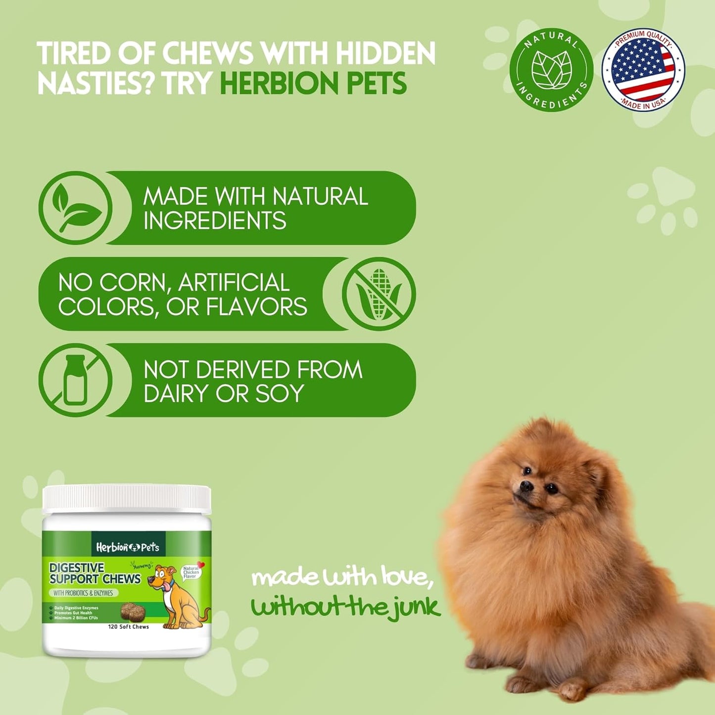 Herbion Pets Digestive Support Chews with Probiotics & Enzymes, 120 Soft Chews, with Daily Digestive Enzymes, for Improved Gut Health, Minimum 2 Billion CFUs, Made in USA for Dogs 12 Weeks+, Pack 1
