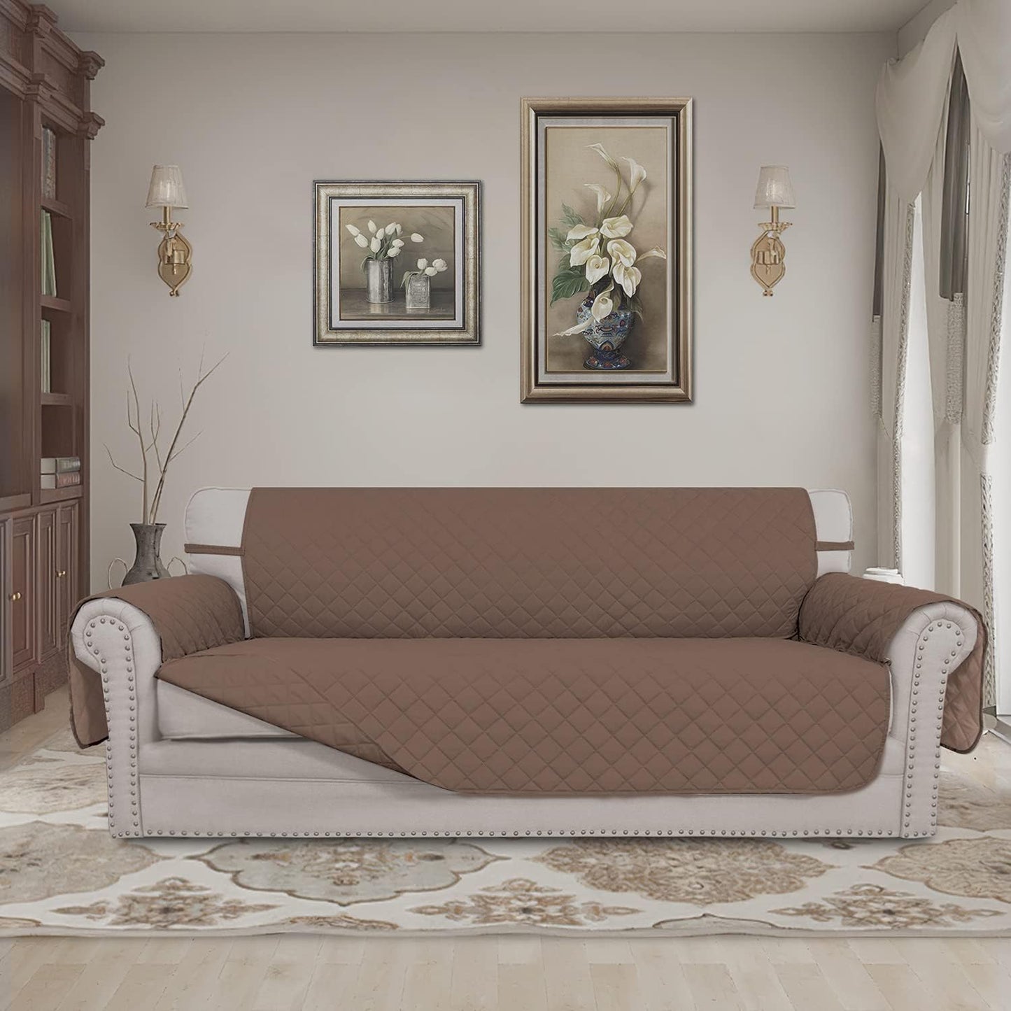 Easy-Going 4 Seater Sofa Slipcover Reversible Sofa Cover Water Resistant Couch Cover with Foam Sticks Elastic Straps Furniture Protector for Pets Children Dog Cat (XX-Large, Brown/Brown)