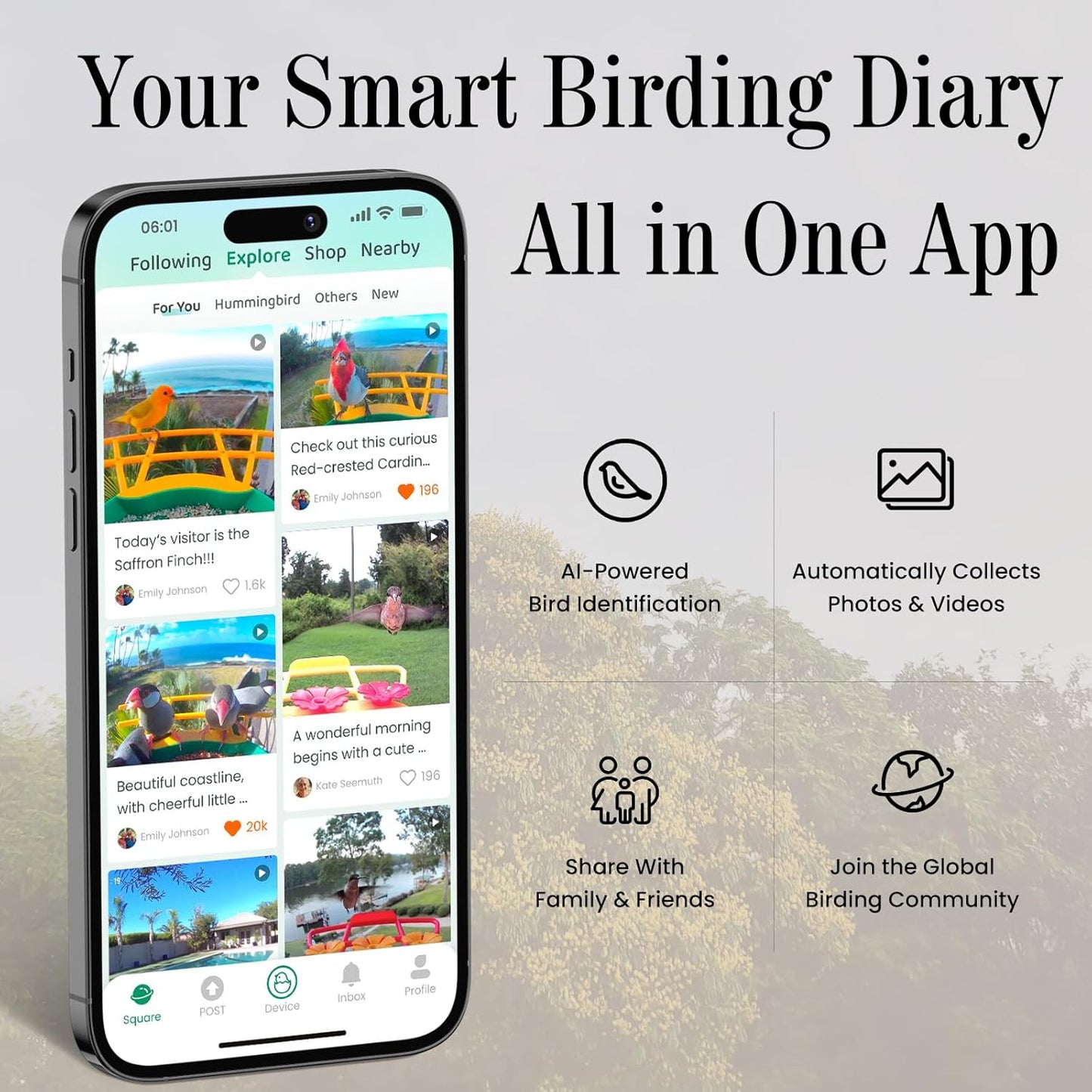 Smart Window Bird Feeder with Camera, 24/7 Powered for 2K HD Live View & AI Species ID, Wild Bird House with 3 Strong Suction Cups, Gift for Bird Watchers (Clear)