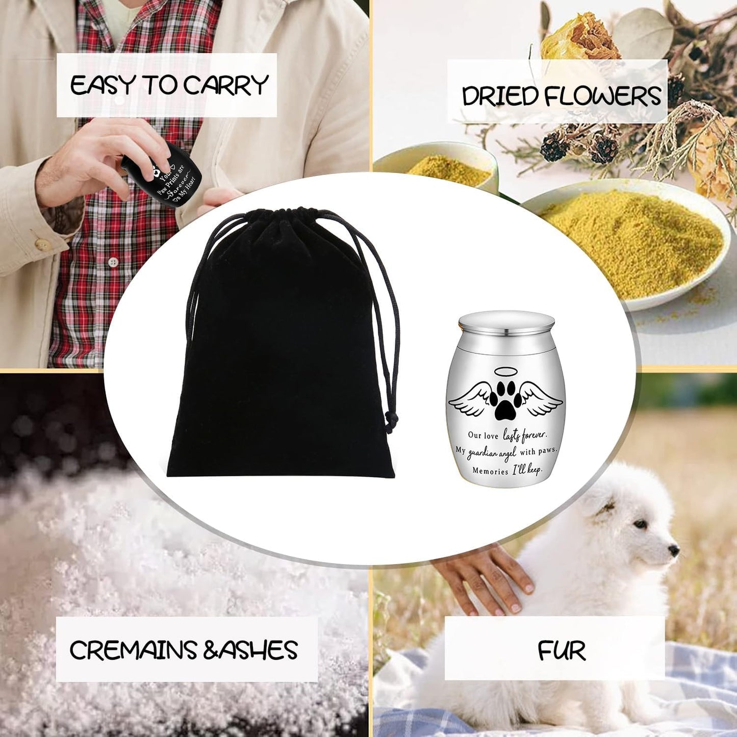 Small Pet Urn for Ashes – Mini Aluminum Alloy Keepsake Urn with Angel Wings & Paw Print – Memorial Urn for Dogs, Cats, or Small Pets – Guardian Angel with Paws Design