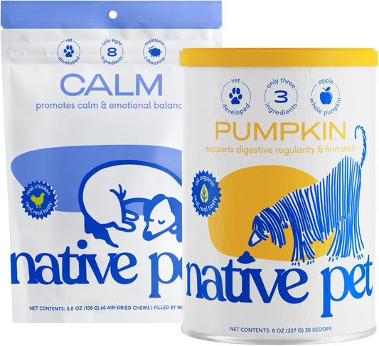 Native Pet Dog Calming Chews (60 Chews) & Organic Pumpkin for Dogs (8 oz.) - Melatonin for Small, Medium, Large Dogs and All-Natural, Organic Fiber Pumpkin Powder for Dogs
