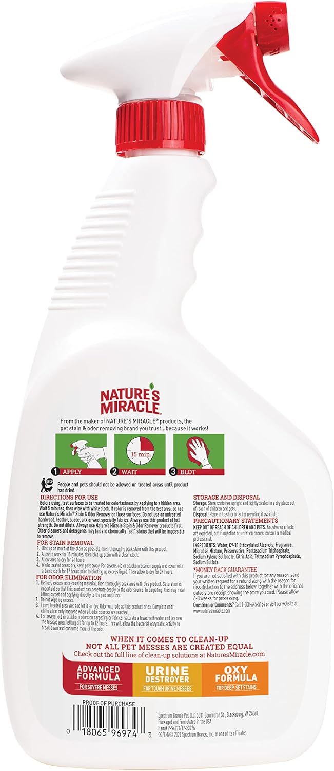 Nature's Miracle Stain and Odor Remover, Spot Stain and Pet Odor Eliminator, Enzymatic Formula, 32 Ounce Spray