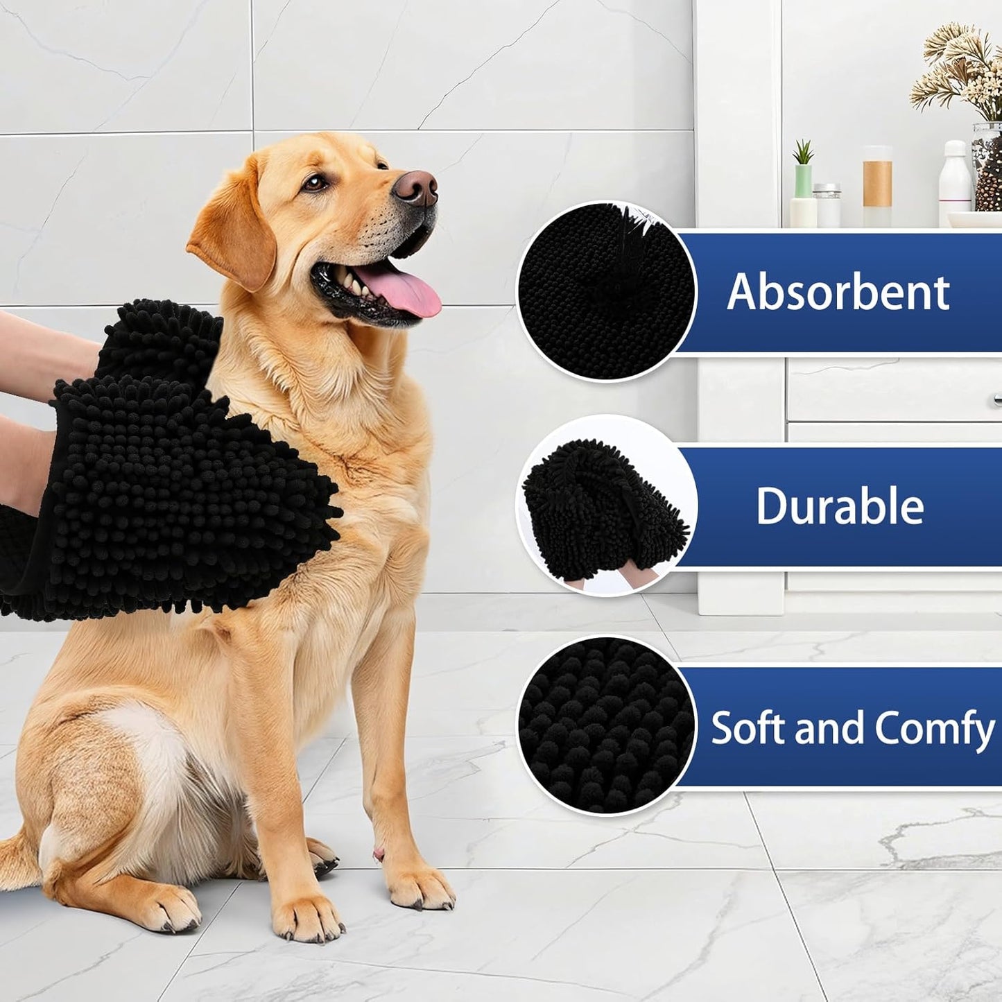 OLANLY Chenille Dog Bath Towel 31x13, Ultra Absorbent Quick Dry Pet Towel, Extra Soft Washable Plush Towel for Large Dogs & Puppies, Indoor Outdoor Use, Black