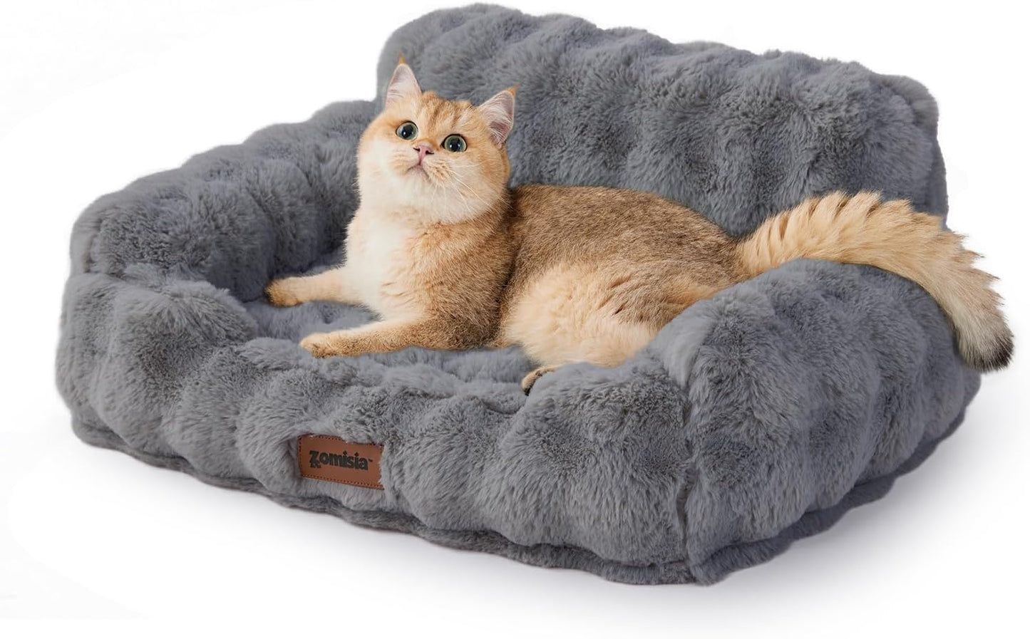 Cat Couch Bed for Indoor Cats - Orthopedic Cat Sofa with Supportive Egg Foam, Fluffy Cute Faux Fur Removable Washable Cover and Non-Slip Bottom, Grey