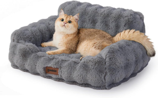 Cat Couch Bed for Indoor Cats - Orthopedic Cat Sofa with Supportive Egg Foam, Fluffy Cute Faux Fur Removable Washable Cover and Non-Slip Bottom, Grey