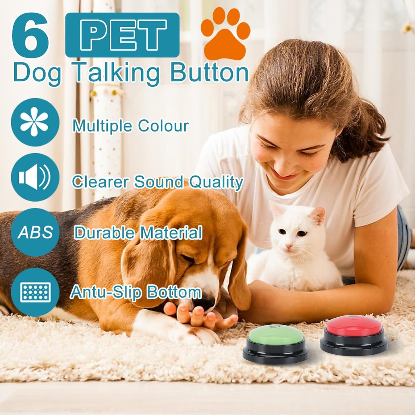 6 Pcs Dog Talking Button Set, Dog Buttons for Communication 30s Voice Recording Speaking Button Pet Speech Training Buzzers with 30 Scene Stickers and Waterproof Anti-Slip Mat for Animal Training