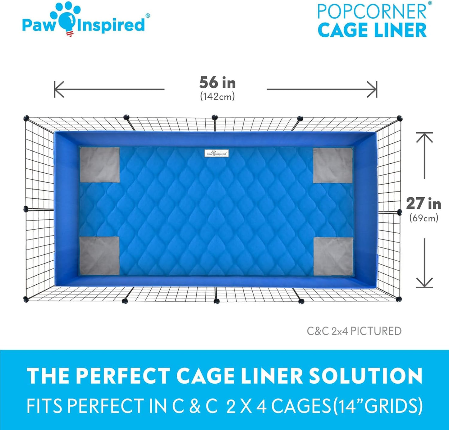 Paw Inspired PopCorner Guinea Pig Cage Liners | Washable Fleece Bedding or Pet Bed Mat for Small Animals | Super Absorbent Pee Pad with Reinforced Corners and Waterproof Bottom (C&C 2x4, Blue)