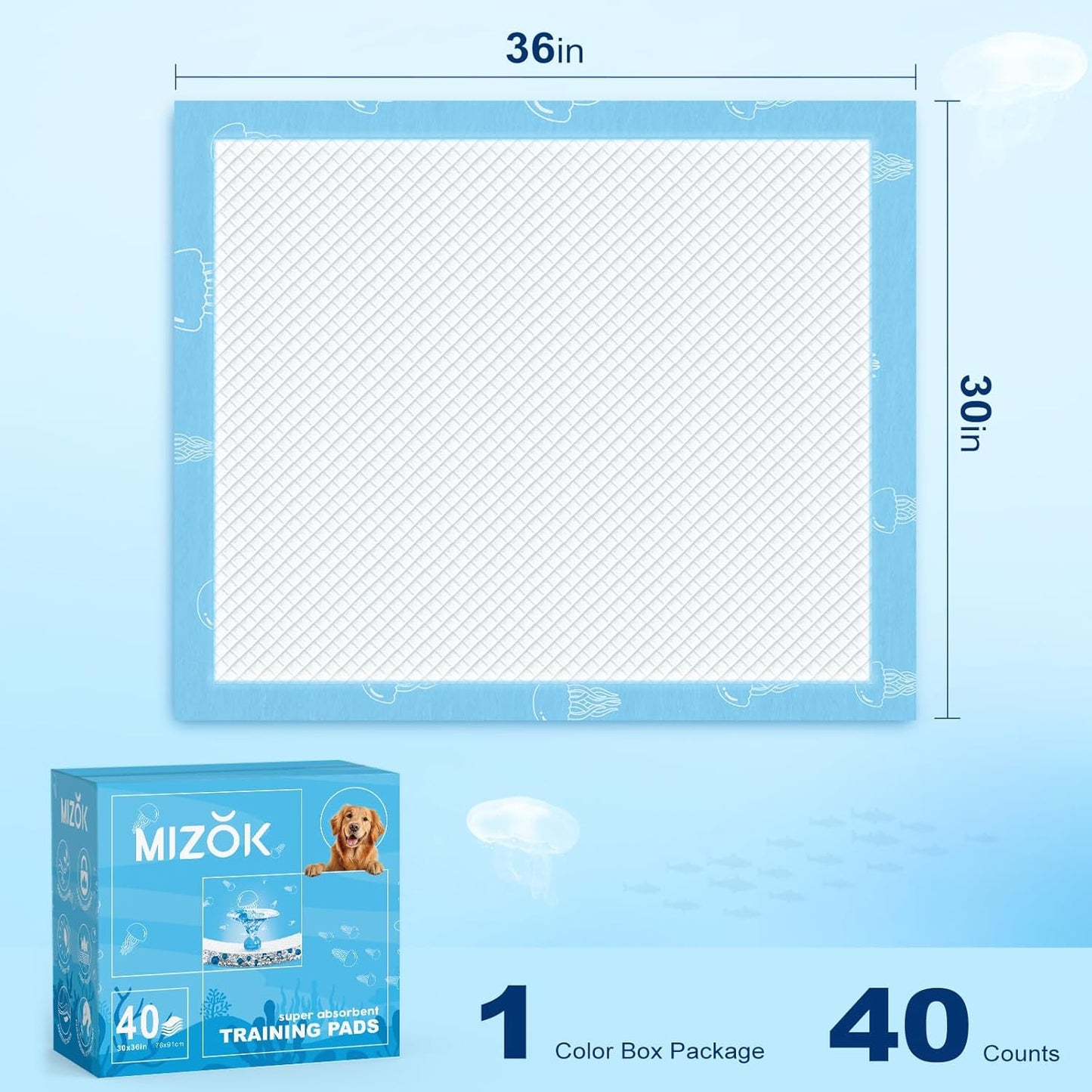 MIZOK Dog Pads Extra Large 30x36in Puppy Pads XL Super Absorbent, Potty Pads with 6-Layer Leak-Proof and Quick-Dry Surface, Wee Wee Pads for Dogs Scented with Jellyfish Pattern(40 Counts)
