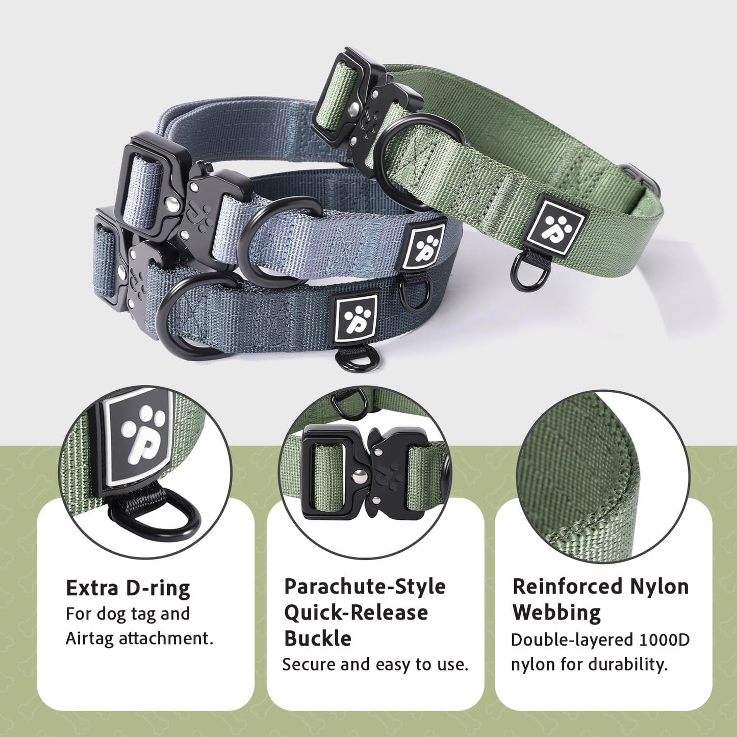 CLEPAWS Reflective Dog Collars for Small Dogs, Heavy Duty Tactical Dog Collar with Metal Buckle, Durable Pet Collar Quick Release, Reinforced Nylon No Pull Dog Collar (Evergreen, S)
