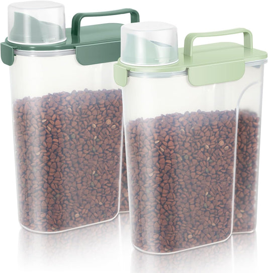 Dog Food Storage Container, Upgraded Large Nozzle BPA-free, 3-5 LBS Plastic Pet Food Storage Containers, With 4 Sealed Clasps, 1 Measuring Cup and Handle (Green+Dark Green)