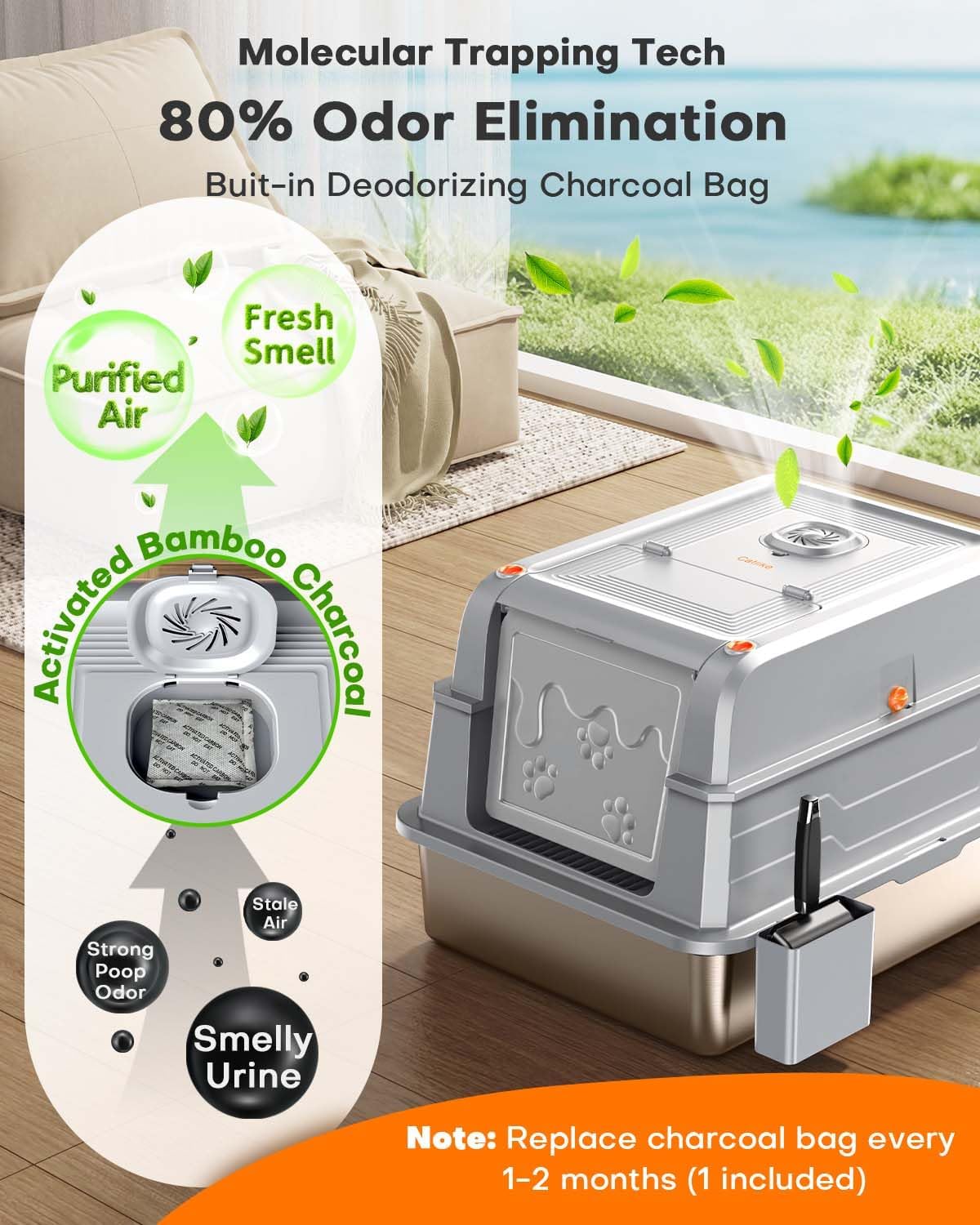 CATLIKE 2025 Upgrade 152L XXXL Stainless Steel Cat Litter Box - 3-Layer Urine Leak-Proof, Enclosed Design w/Charcoal Filter for Maine Coon & Multi-Cat Homes, Includes Metal Scoop & Mat