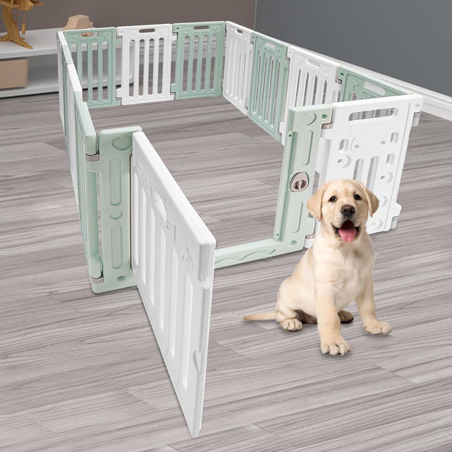 Dog Playpen with Door, 12 Panels Pet Safety Fence Foldable Puppy Pen Indoor Dog Fence, Plastics Enclosure Dog Pen Indoor for Small Dogs and Cats, Easy Assemble (Green)