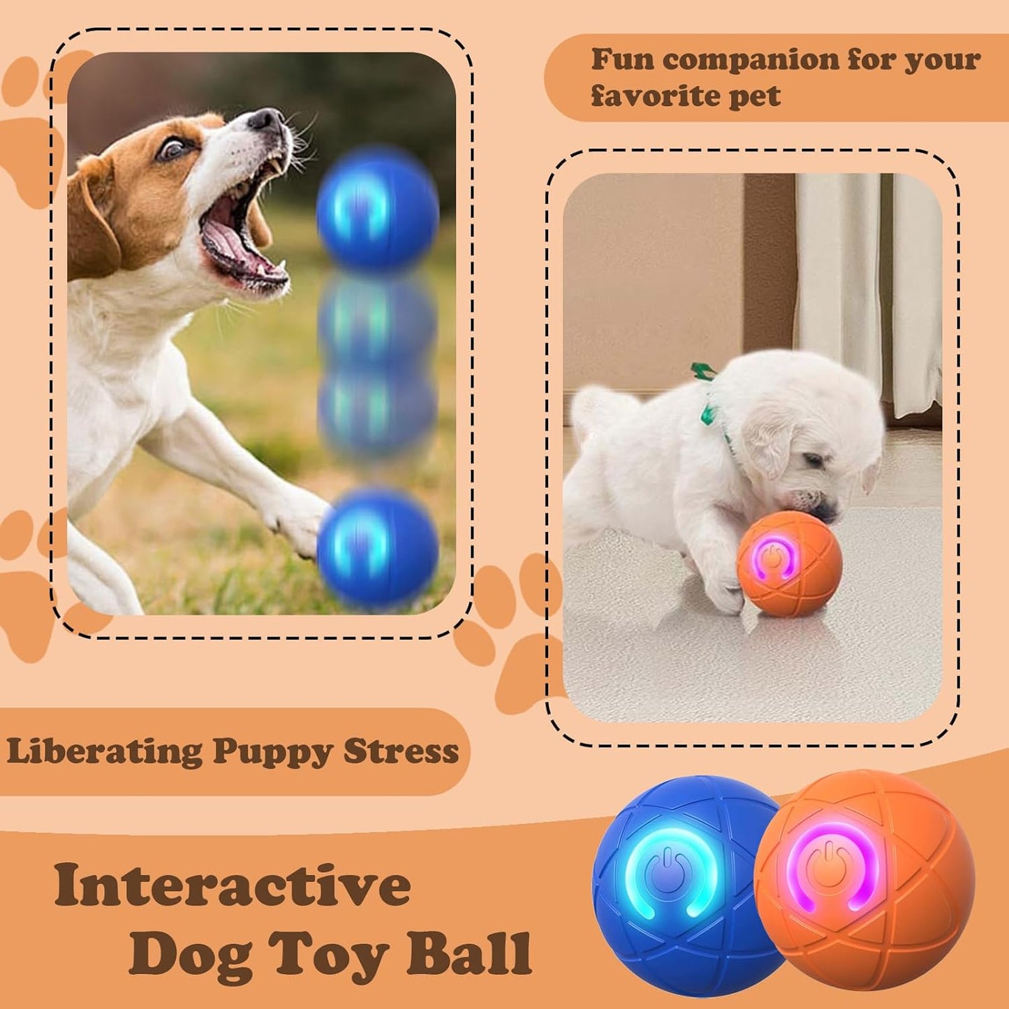 Interactive Duraspin Dog Ball, Self-Bouncing Vibrating & Auto-Rolling, Auto Stop Touch Start Jumping Ball Toy for Small/Medium Dogs (52mm, Orange)