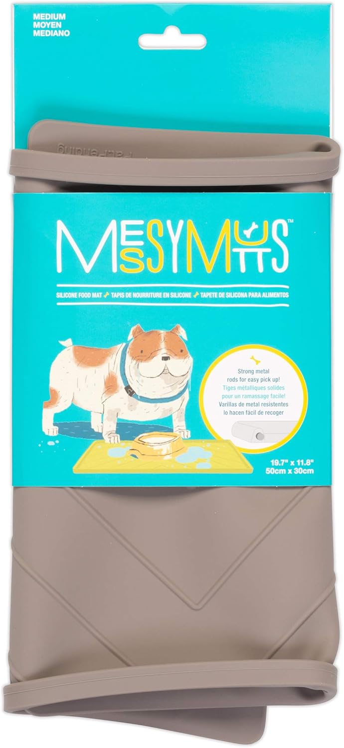Messy Mutts Silicone Non-Slip Dog Bowl Mat with Raised Edge and Two Sides Reinforced with Metal Rods | Dog/Cat Bowl Mat with Spill-Proof Lip | Large, 24” x 16” | Dark Grey