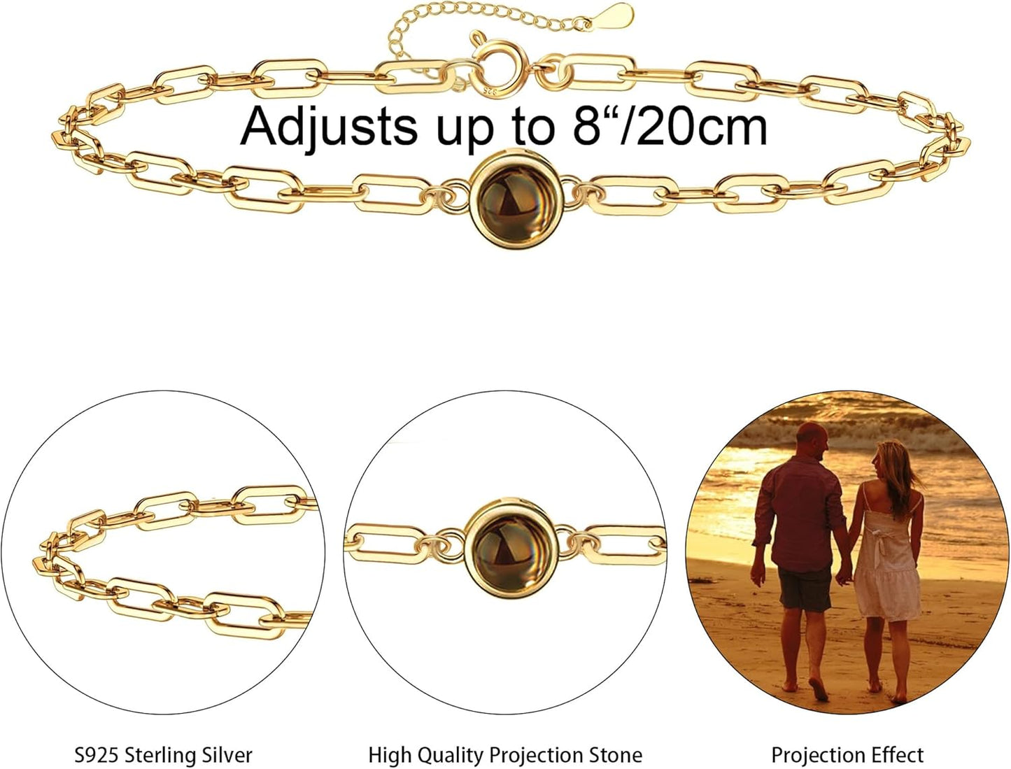 Personalized Photo Projection Bracelet 925 Sterling Silver Projection Bracelet with Picture Inside,I Love You 100 Languages Photo Round Pendant Bracelet Gifts for Women Wife Birthday Anniversary