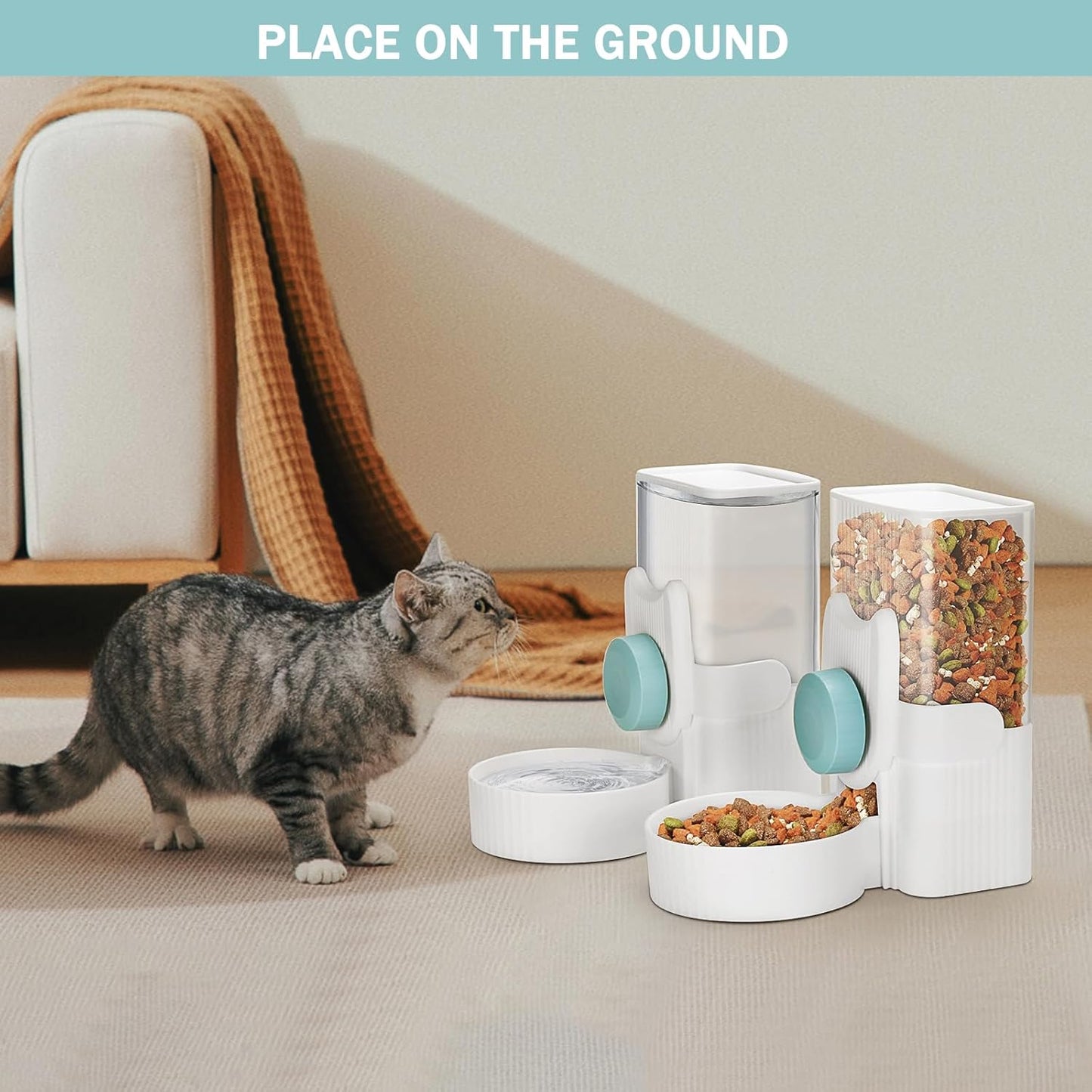 Automatic Cat Feeder and Water Dispenser, ShineMe 35oz Auto Gravity Feeder Hanging Food and Water Bowls for Small Pets, Cats, Kitten, Dogs, Rabbits, Ferrets (Blue)