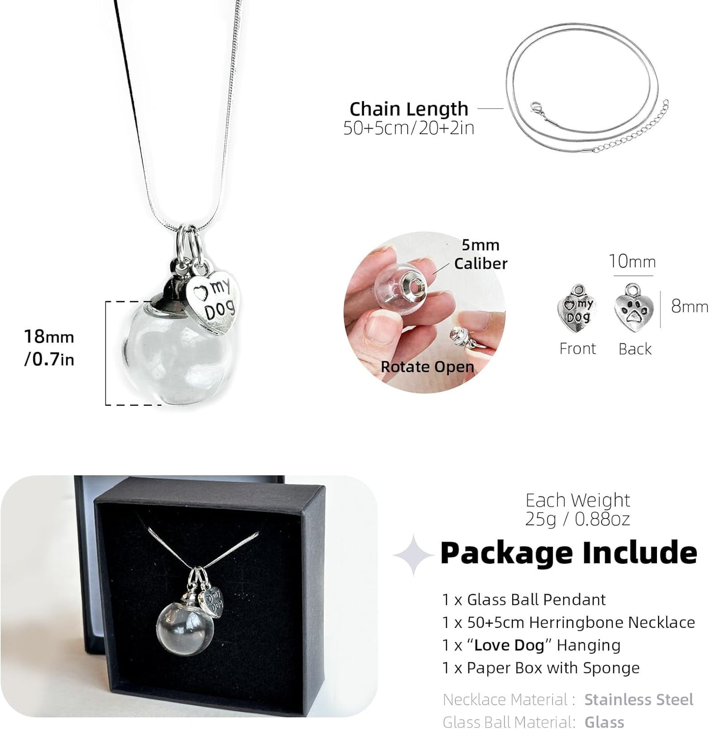 Dog Fur Memorial Necklace, Pet Hair Memorial Glass Ball Necklace with Love Pendant, Dog Ash Small Urn Jewelry (Glass Ball - Dog)