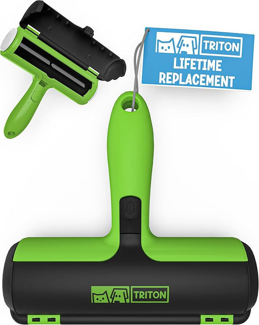Triton Pet Hair Removal Tool w/Fur Trapping Compartment and Detachable Handle, 60% Smaller Storage Size, Reusable Shedding Roller, Cat and Dog Hair Remover for Car, Furniture, Carpet, Couch (Green)