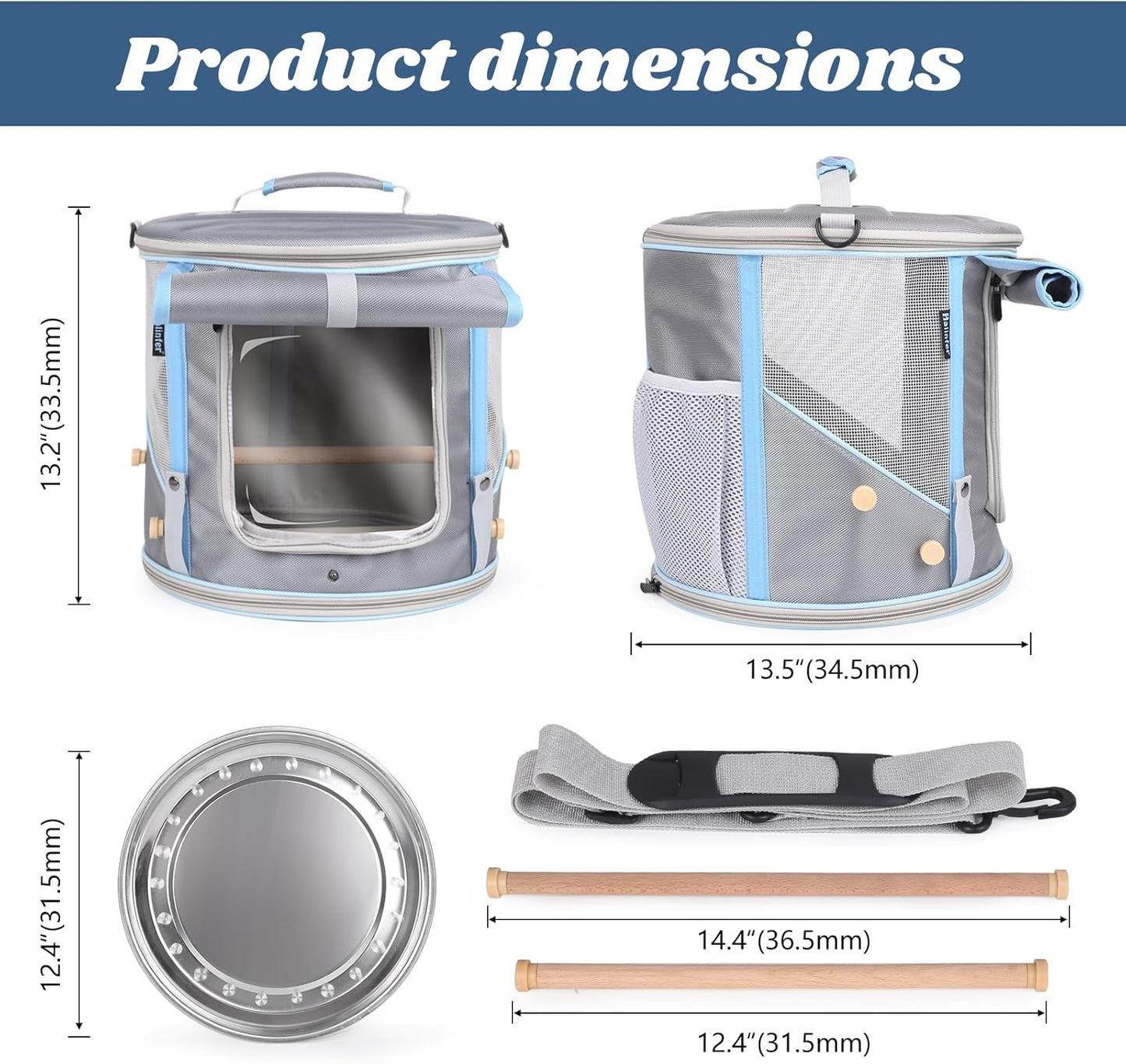 Bird Carrier with Clear Windows, Large Size, Portable Handle, 10 Ventilation Holes, Wooden Perch, Metal Tray, Side Access (Grey Oxford, Medium)