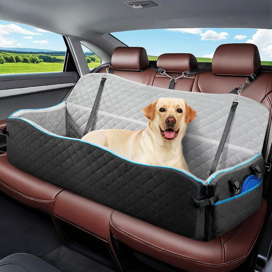 Large Dog Car Seat, Dog Car Bed for Large Dogs Under 120lbs, Pet Booster Seat with Thick Cushion and 2 Safety Leashes, Detachable & Washable Pet Bed for Backseat, Black & Gray