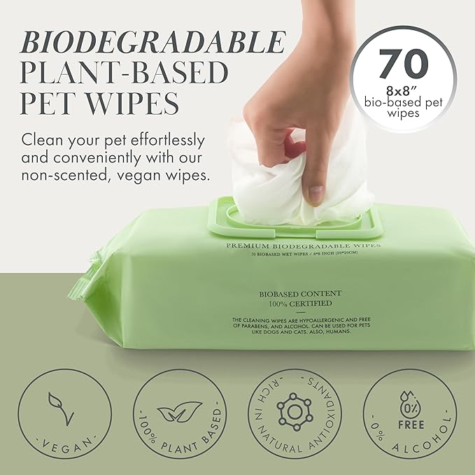 Dog Wipes – Fragrance-Free, Alcohol-Free, Hypoallergenic Pet Grooming Wipes with Aloe Vera, Biodegradable, for Dogs & Cats: Paws, Face, Ears & Butt – (70 Count)