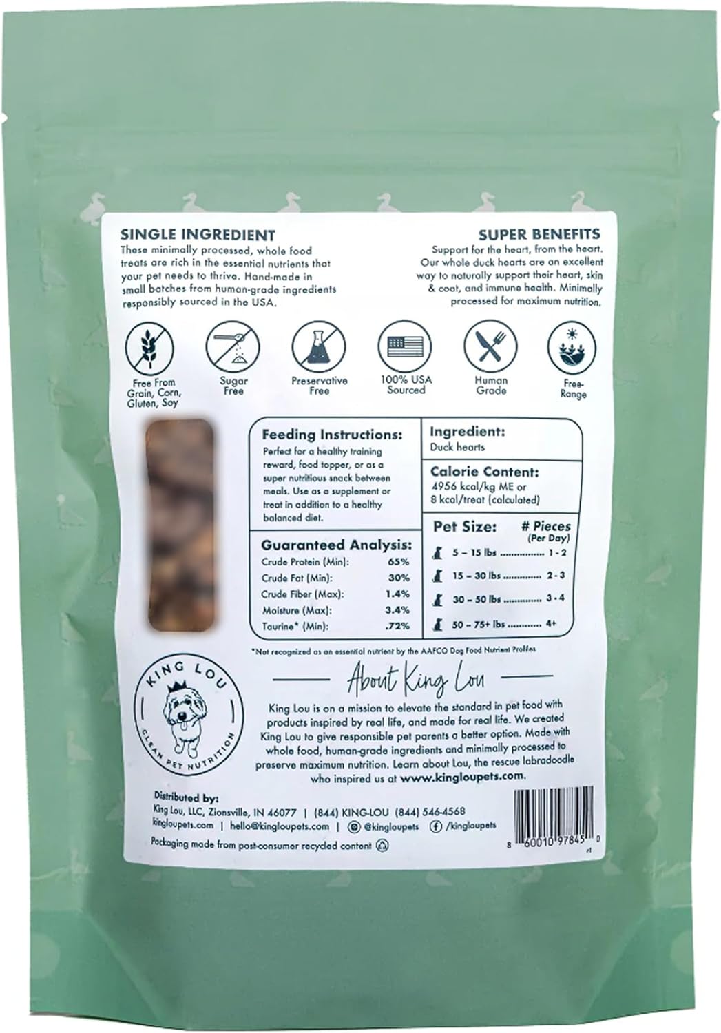 King Lou Pets - Whole Duck Hearts for Dogs and Cats - USA-Made Freeze Dried Duck Hearts - Taurine, Zinc, and Iron - 1lb Prior to Freeze Drying
