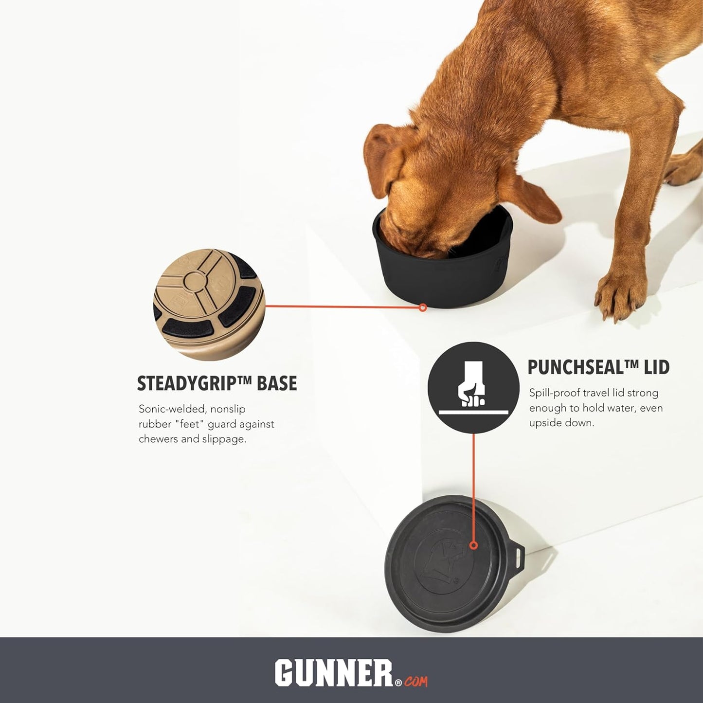 GUNNER Dog Bowl with Spill-Proof Travel Lid – 7.5" x 3.75", 1.3 lb, 7-Cup Capacity, BPA-Free, Rust-Proof, Shock-Resistant, Stackable, Dishwasher Safe, Leak-Resistant Nesting Lid – Black