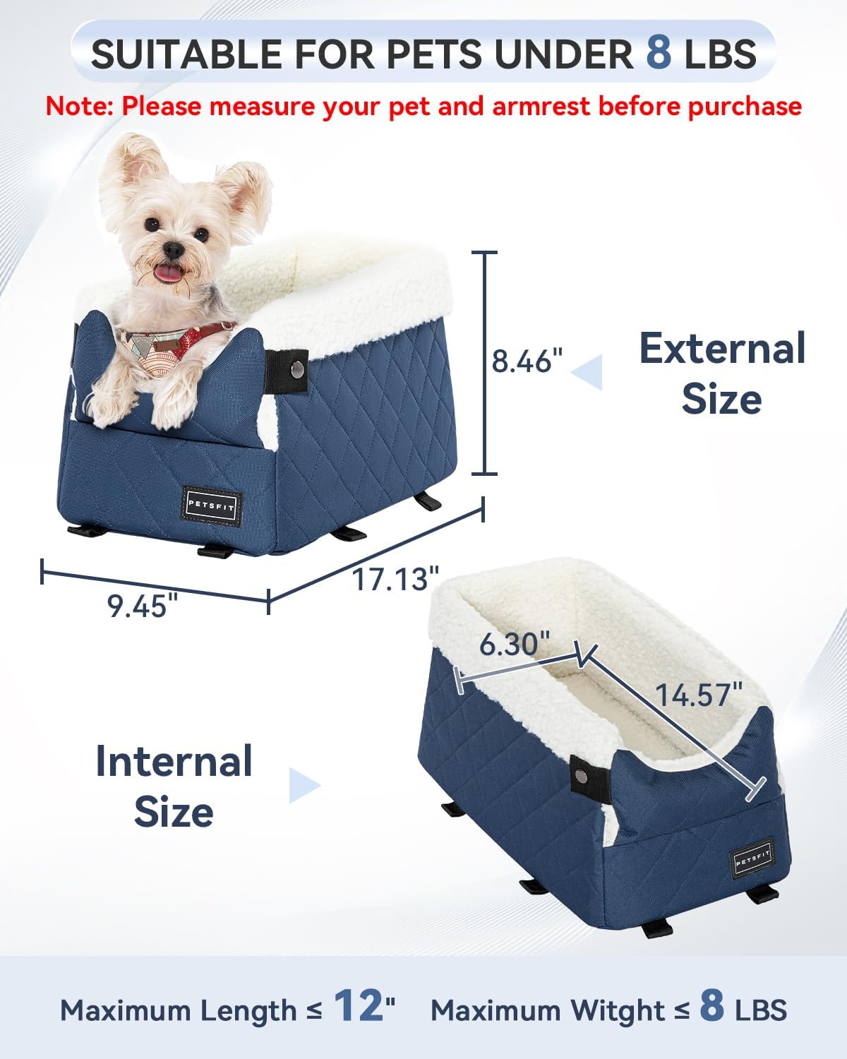 PETSFIT Center Console Dog Car Seat with Safe Protection Hooks, Pet Car Seat with Upgraded Safety Tethers, Washable Cushion, Console Dog Car Seats for Small Dogs Up to 8 Lbs(Blue)