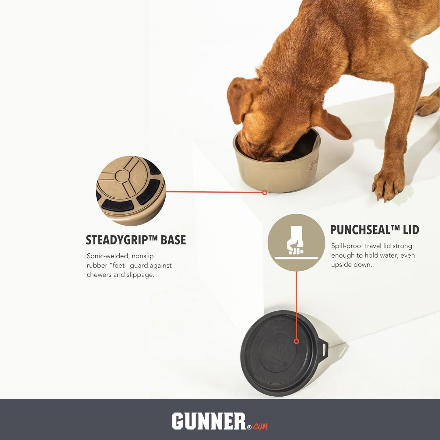 GUNNER Dog Bowl with Spill-Proof Travel Lid- K9 Companion Food & Water Bowl, Lightweight Rust-Proof & Shock Resistant Stackable, Leak Resistant Nesting Lid, (Tan)